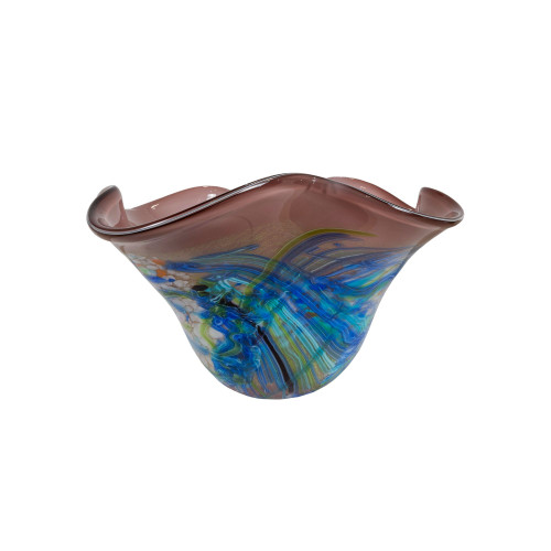 16" Brown and Blue Contemporary Hand Blown Glass Bowl - IMAGE 1