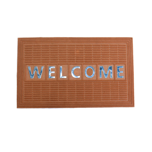 30" Mocha Brown and Silver Rectangular "WELCOME" Rubber Mat - IMAGE 1