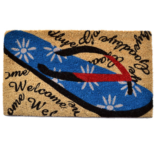 30" x 18" Brown, Black, and Blue "Welcome" Goodbye Flip Flop Home Essentials Decorative Handwoven Mat - IMAGE 1