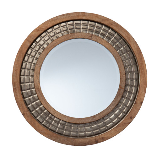 28" Brown Contemporary Wooden Framed Round Beveled Wall Mirror - IMAGE 1