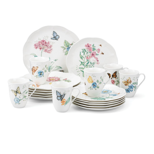 Set of 18 White and Pink Butterfly Meadow Holiday Tapestry Dinnerware 12.35" - IMAGE 1