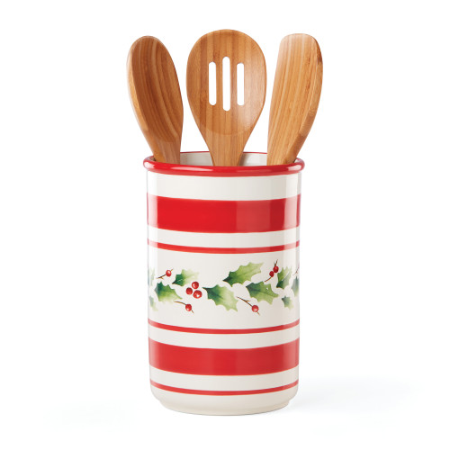 Set of 4 Red and White Holiday Handpainted Stripe Utensil Crock - IMAGE 1
