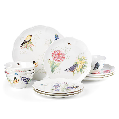 Set of 12 White and Pink Butterfly Meadow Flutter Dinnerware 13.75" - IMAGE 1