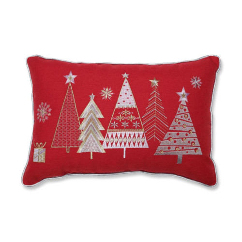 18.5" Red and Gold Christmas Star Topped Trees Rectangular Throw Pillow - IMAGE 1