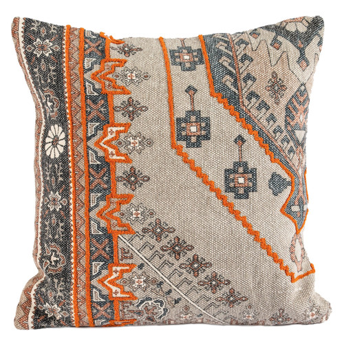 20" Brown and Orange Decorative Cotton Square Cushion - Feather and Down Filler - IMAGE 1