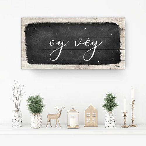 Black and Beige 'Oy Vey' Hanukkah Canvas Wall Art Decor 12" x 24" - IMAGE 1