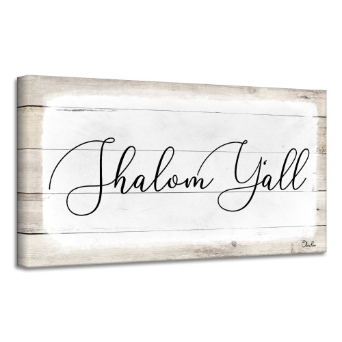Beige and White 'Shalom Y'all' Hanukkah Canvas Wall Art Decor 8" x 16" - IMAGE 1