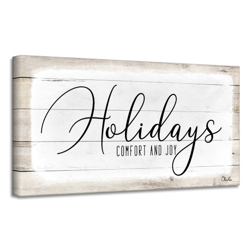 Beige and White 'Holidays' Christmas Canvas Wall Art Decor 18" x 36 - IMAGE 1