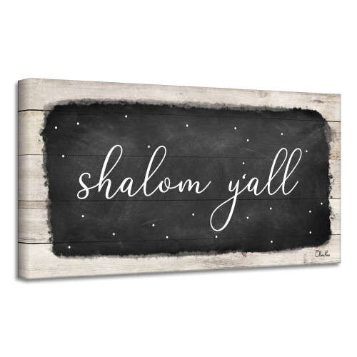 Black and Beige 'Shalom Y'all' Hanukkah Canvas Wall Art Decor 12" x 24" - IMAGE 1
