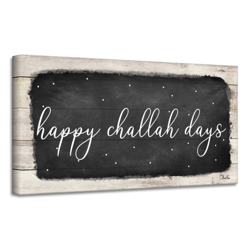Black and Beige 'Happy Challah Days' Hanukkah Canvas Wall Art Decor 8" x 16" - IMAGE 1