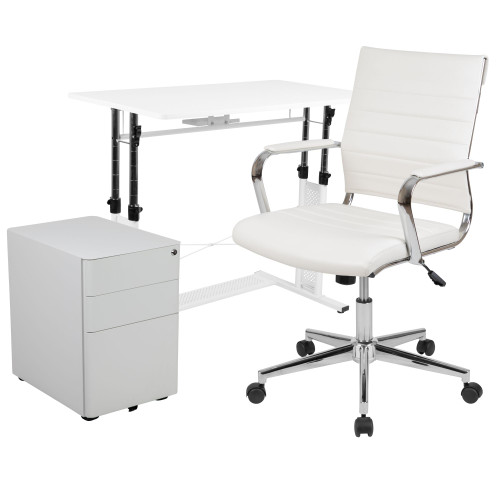 39.25" White Adjustable Computer Desk with Office Chair and SideLocking Mobile Filing Cabinet - IMAGE 1