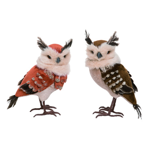 Set of 2 Glitz Velour Owl Thanksgiving Tabletop Figurines 11" - IMAGE 1