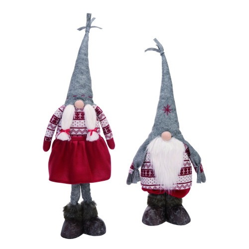 Set of 2 Gray and Red Plush Telescoping Gnome Christmas Decor 28" - IMAGE 1