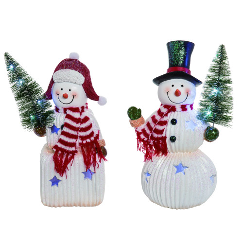 Set of 2 White and Red LED Lighted Cheerful Snowman Christmas Decors 12" - IMAGE 1