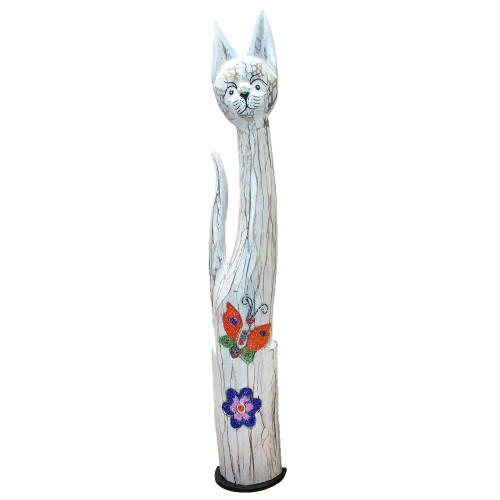 40" White Wooden Hand-Carved Beaded Cat Statue - IMAGE 1