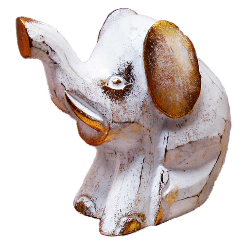 5" x 4" White and Gold Sitting Elephant Handmade Statue - IMAGE 1
