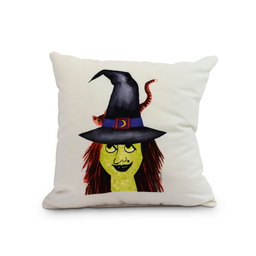 20" White and Green Witch with Cat Halloween Throw Pillow - Down Alternative Filler - IMAGE 1