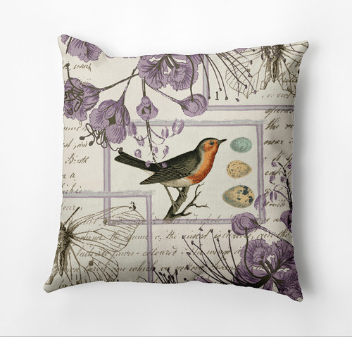 18" x 18" Purple and Beige Singing Bird Throw Pillow - IMAGE 1