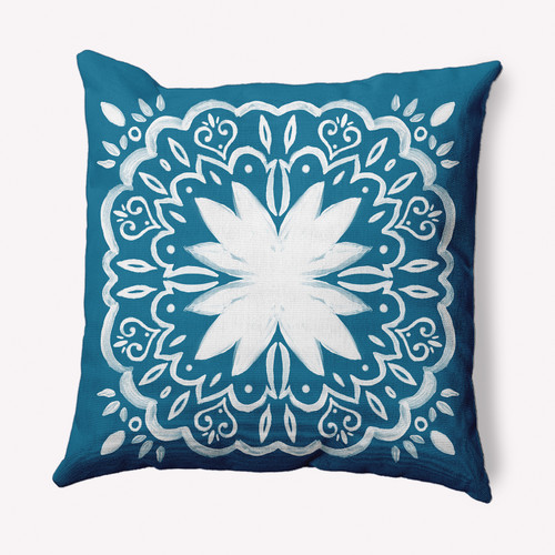 16" x 16" Blue and White Cuban Tile Floral Outdoor Throw Pillow - IMAGE 1