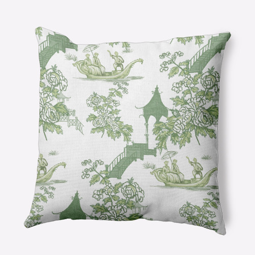 16" x 16" Green and White Oriental Floral Throw Pillow - IMAGE 1