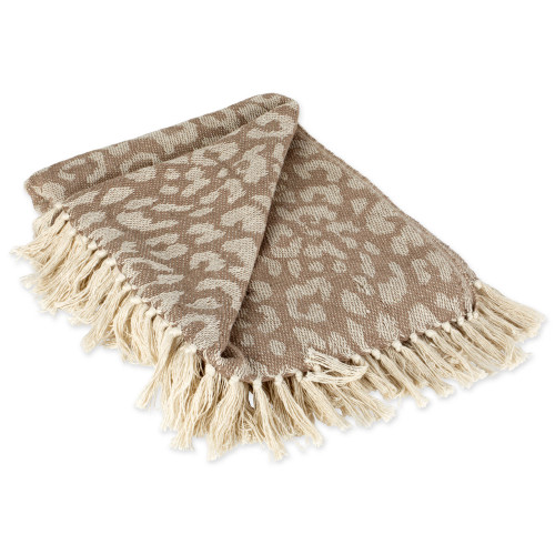 60" White and Brown Rectangular Leopard Patterned Cotton Throw - IMAGE 1