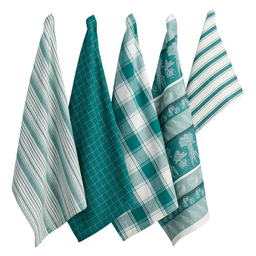 Brocade Vegetables Striped Dish Towels - 28" - Teal and White - Set of 5 - IMAGE 1