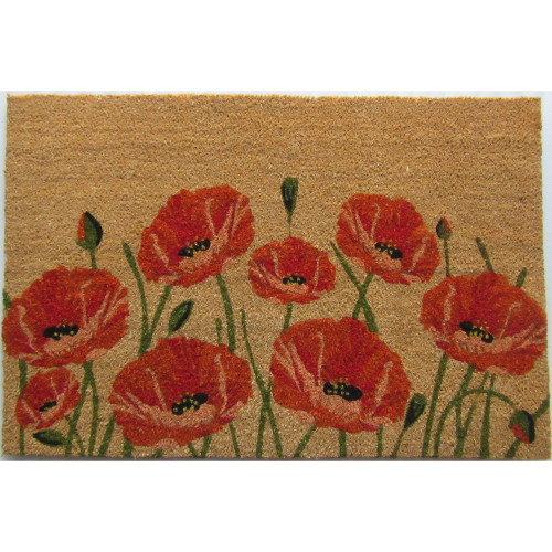 Rectangular Skid Free Coir Doormat with Poppy Flower Design 36" x 24" - IMAGE 1