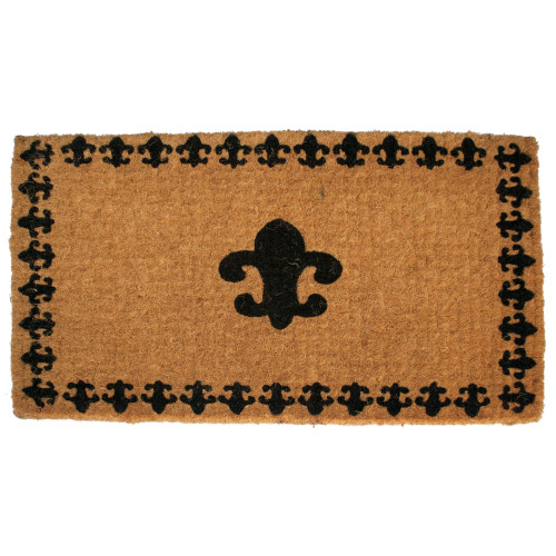 Brown and Black Rectangular Handwoven Coir Doormat with Fleur de Lis Design 30" x 18" - IMAGE 1