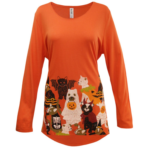 Mandarin Orange "Meowoween" Women's Adult Long Sleeve Swing Top - 2XL - IMAGE 1