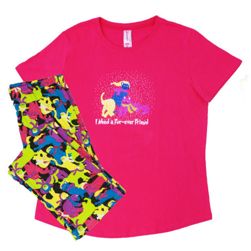 Pink and Yellow Fur-Ever Cats Women's Adult Short Sleeve Pajama Sleepwear Set - Medium - IMAGE 1