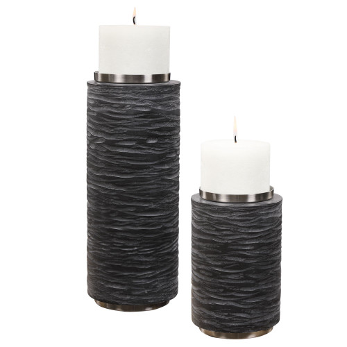 Set of 2 Gray Contemporary Pillar Candle Holders 13" - IMAGE 1