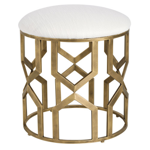 Geometric Motif Round Accent Stool - 20.5" - White and Gold - IMAGE 1