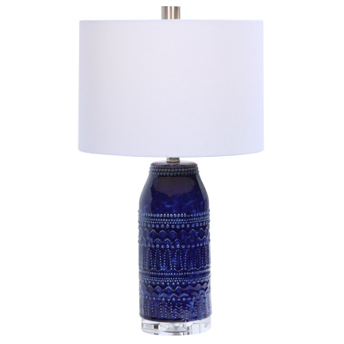 24.75" Midnight Blue and White Embossed Tribal Accented Table Lamp - IMAGE 1