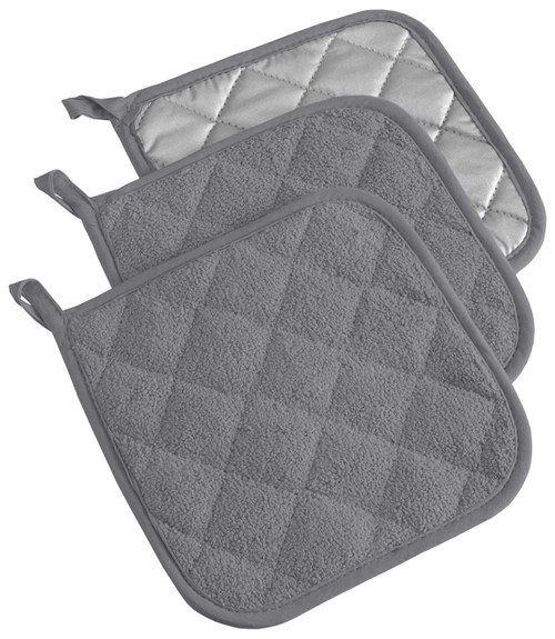 Quilted Terry Cotton Kitchen Pot Holders - 7" - Charcoal Gray - Set of 3 - IMAGE 1
