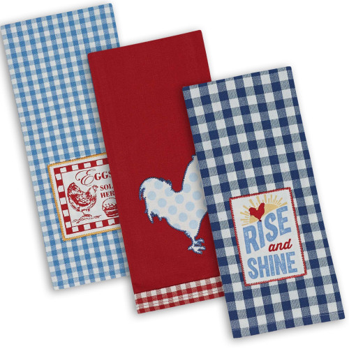 Chicken Embroidered Kitchen Dishtowels - 28" - Red and Blue - Set of 3 - IMAGE 1