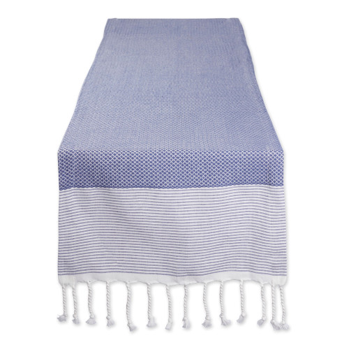 Diamond and Striped Table Runner with Knotted Mini Tassels - 108"- Blue and White - IMAGE 1