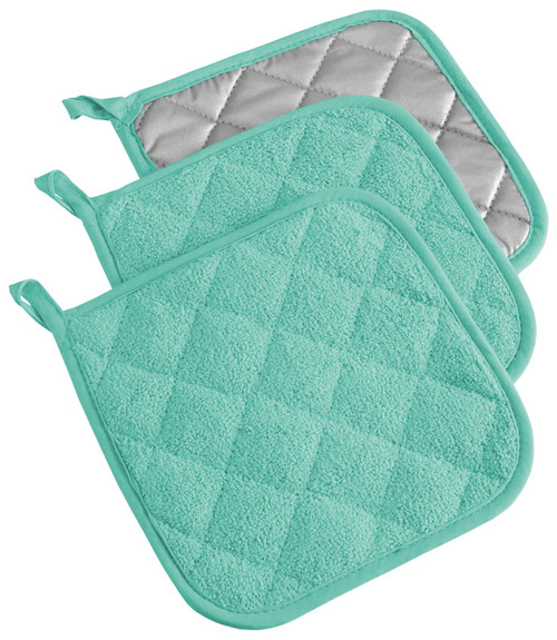 Terry Cotton Kitchen Potholders - 7" - Aqua and Silver - Set of 3 - IMAGE 1