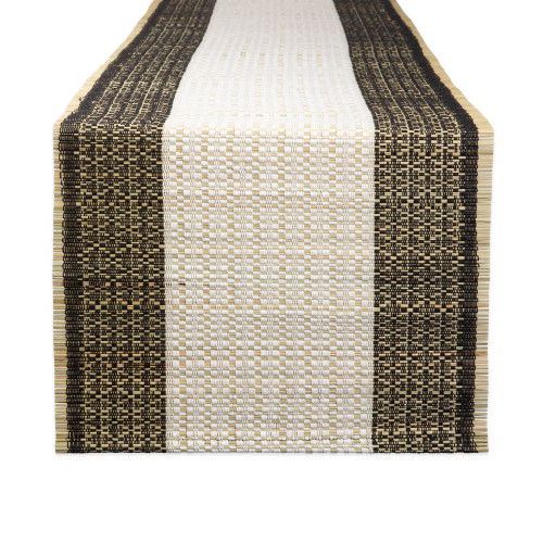 Checkered Weave Straw and Cotton Table Runner - 72" - Tan and Black - IMAGE 1