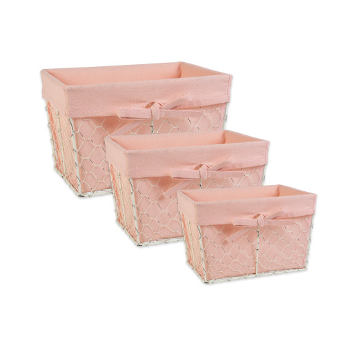 Set of 3 Blush Pink and White Vintage Chicken Wire Baskets with Basket Liners, 18" - IMAGE 1