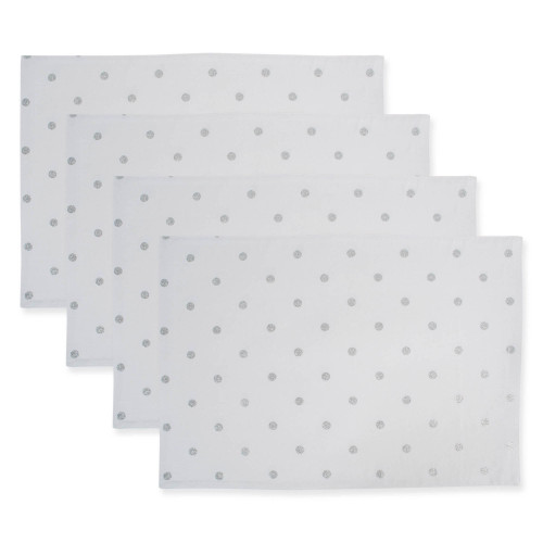 Shimmering Polka Dots Cotton Placemats - 19" - White and Silver - Set of 4 - IMAGE 1