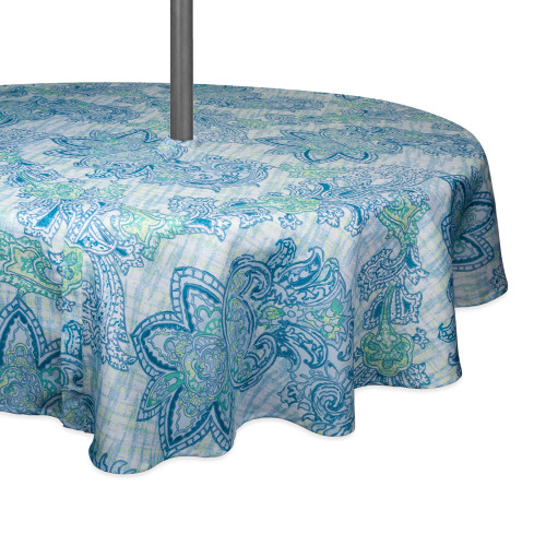 Zippered Floral Paisley Round Outdoor Tablecloth - 60" - White and Blue - IMAGE 1
