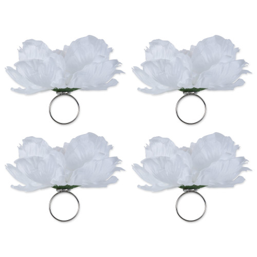 Set of 4 White Peony Flower Designed Napkin Rings 5" - IMAGE 1