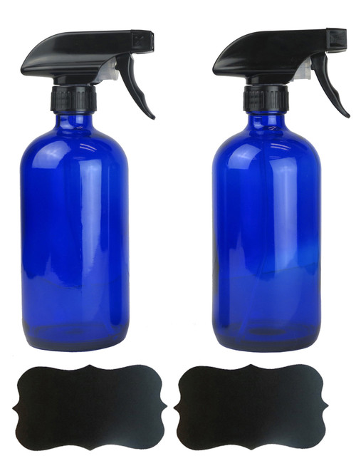 Set of 2 Cobalt Blue and Black Glass Bottles with Labels, 8.75"" - IMAGE 1