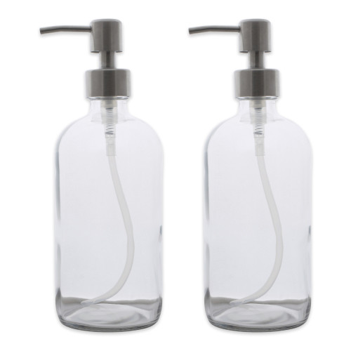 Set of 2 Clear and Gray Glass Bottles with Pump Top 16oz. - IMAGE 1