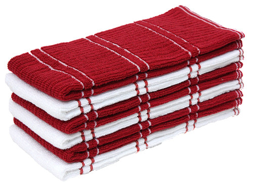 Set of 6 Red and White Ribbed Terry Dishtowels Kitchen Decor 26" - IMAGE 1