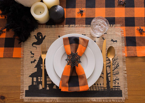 Buffalo Check Halloween Cotton Table Runner - 108" - Orange and Black - IMAGE 1