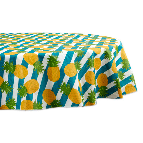 Tropical Pineapple Round Vinyl Tablecloth - 70" - Blue and Yellow - IMAGE 1