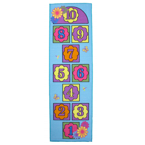 2' x 6' Sky Blue, Pink, and Lavender Rectangular Hopscotch Daisy Flowers With Numbers Rug - IMAGE 1