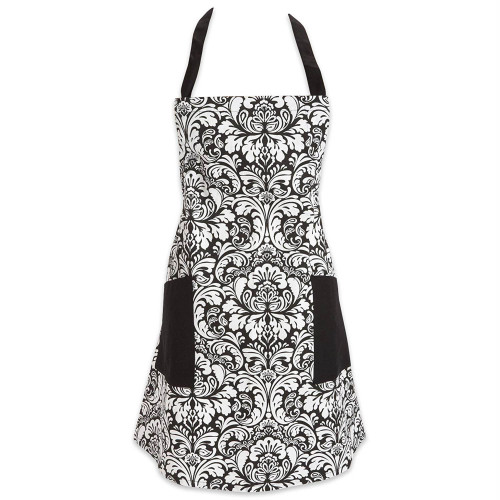 Damask Kitchen Apron with Pockets - 29"- Black and white - IMAGE 1