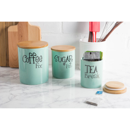 Coffee Sugar Tea Kitchen Storage Canisters - 5.5" - Aqua and Brown - Set of 3 - IMAGE 1